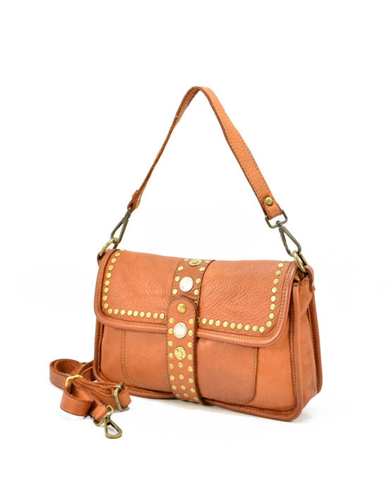 Italian Artisan Womens Handcrafted Vintage Washed Leather Shoulder Handbag With Studded Flaps Made In Italy