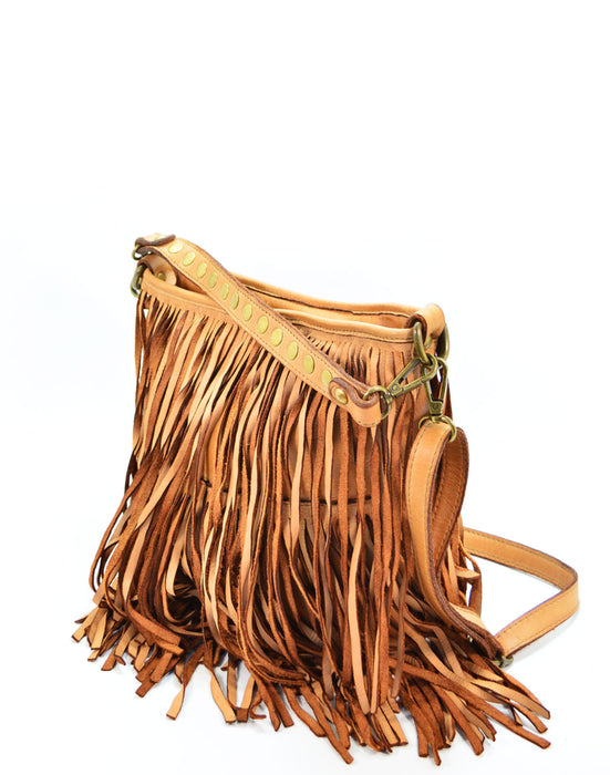 Italian Artisan Womens Handcrafted Vintage Full Fringe Handbag In Genuine Washed Calfskin Leather Made In Italy