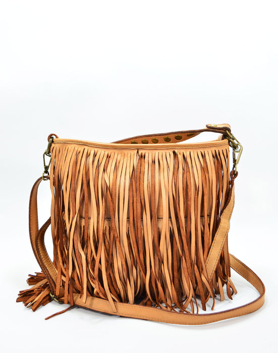 Italian Artisan Womens Handcrafted Vintage Full Fringe Handbag In Genuine Washed Calfskin Leather Made In Italy