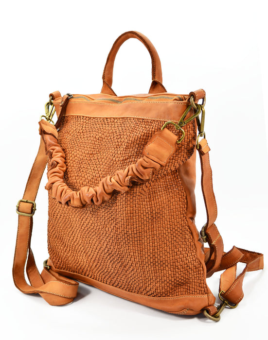 Italian Artisan Handcrafted Vintage Washed Calfskin Leather Backpack Handbag with Front Fine Weave Pattern Made In Italy
