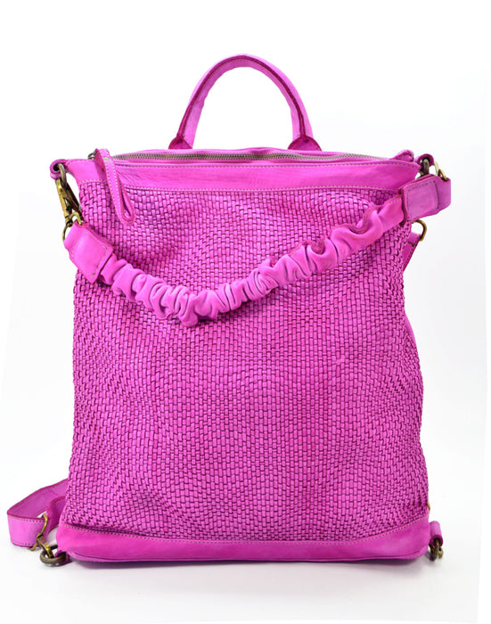 Italian Artisan Handcrafted Vintage Washed Calfskin Leather Backpack Handbag with Front Fine Weave Pattern Made In Italy