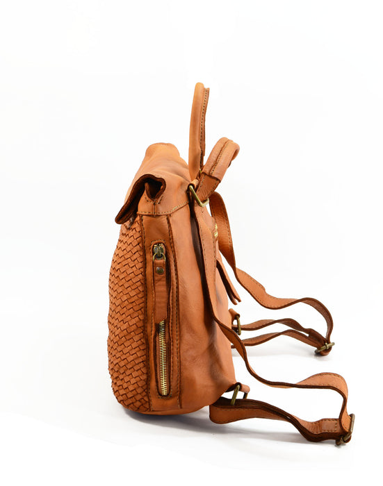 Italian Artisan Womens Handcrafted Vintage Washed Calfskin Leather Shoulder Backpack with Folded Flap Made In Italy