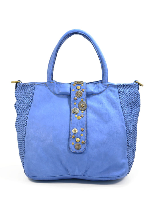 Italian Artisan Vintage Washed Calfskin Leather Double Handle Bag with Studded Flap Made In Italy