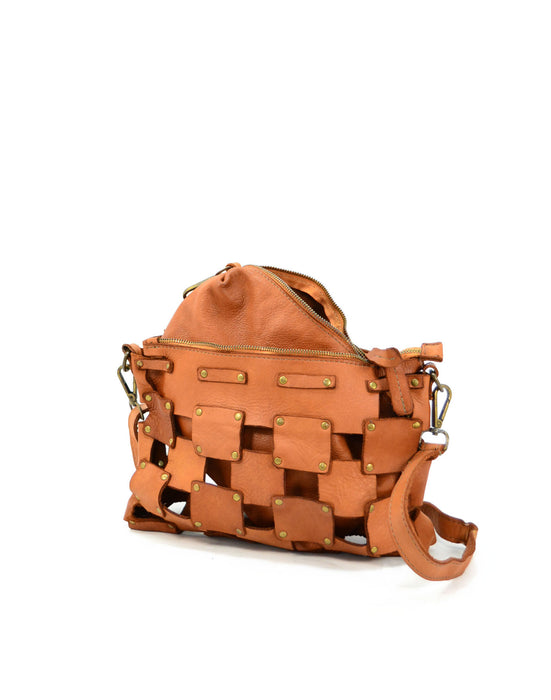 Italian Artisan Handcrafted Vintage Washed Calfskin Leather Shoulder Envelope Handbag with Studded Patchwork Pattern Made In Italy