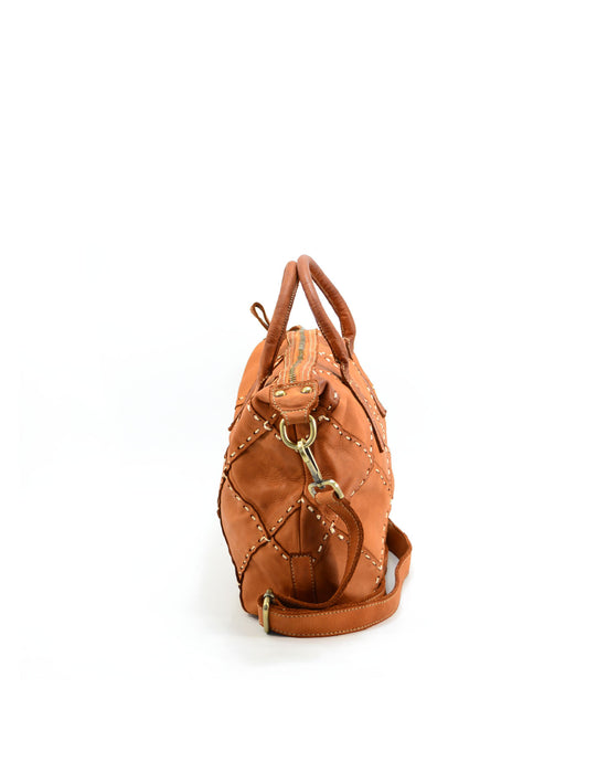 Italian Artisan Filomena Handcrafted Vintage Washed Handbag In Genuine Washed Calfskin Leather Made In Italy