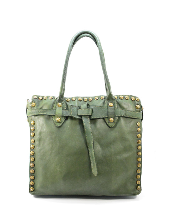 Italian Artisan Womens Handcrafted Vintage Studded Edge Handbag in Genuine  Washed Calfskin Leather Made In Italy