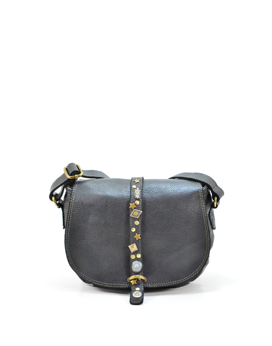 Italian Artisan Womens Handcrafted Vintage Washed Calfskin Leather Shoulder Handbag With Studs Made In Italy