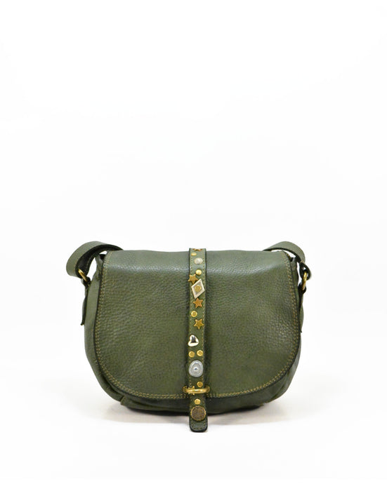Italian Artisan Womens Handcrafted Vintage Washed Calfskin Leather Shoulder Handbag With Studs Made In Italy
