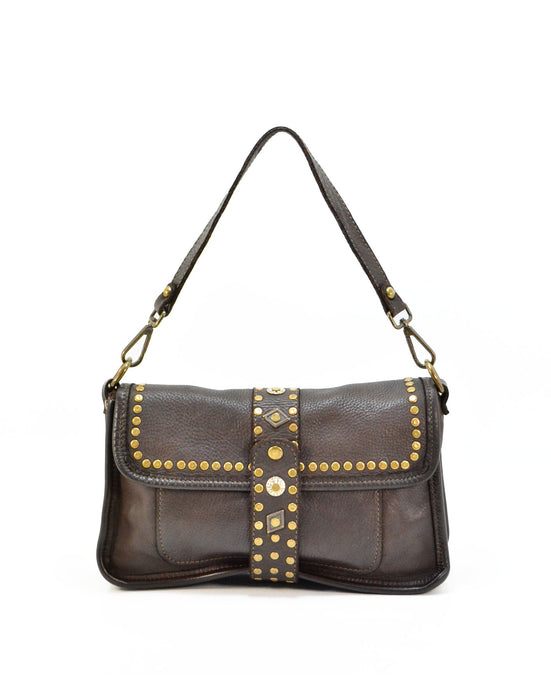 Italian Artisan Womens Handcrafted Vintage Washed Leather Shoulder Handbag With Studded Flaps Made In Italy