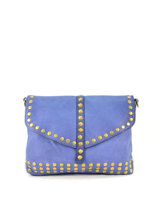 Italian Artisan Handcrafted Vintage Washed Calfskin Leather Studded Envelope Bag Made In Italy
