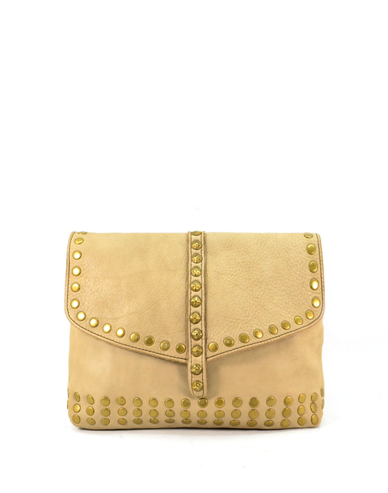 Italian Artisan Handcrafted Vintage Washed Calfskin Leather Studded Envelope Bag Made In Italy
