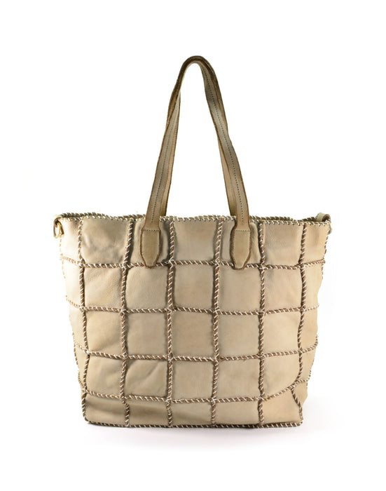 Italian Artisan Handcrafted Vintage Washed Calfskin Leather Hand-Sewn Checkered Leather Shopper Handbag Made In Italy
