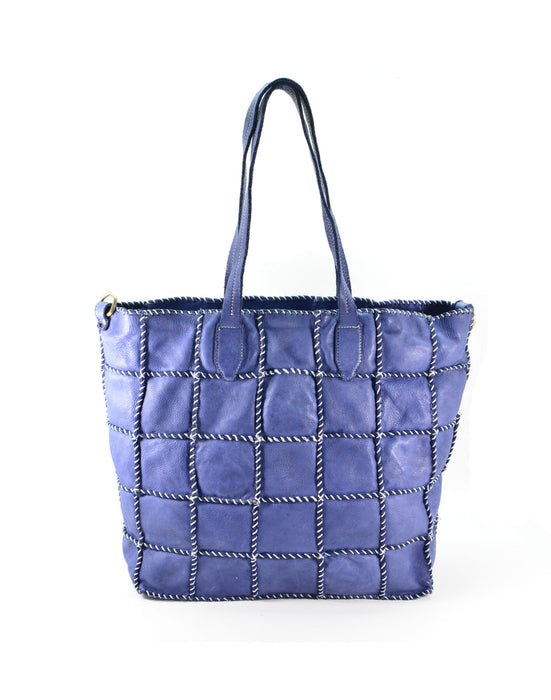 Italian Artisan Handcrafted Vintage Washed Calfskin Leather Hand-Sewn Checkered Leather Shopper Handbag Made In Italy