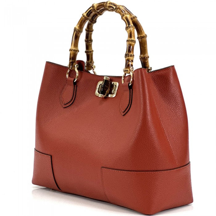 Italian Artisan Florence Soft Calfskin Leather Shoulder Bag with Wooden Handles Made In Italy