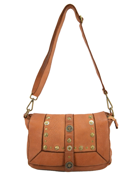 Italian Artisan Womens Handcrafted Vintage Handbags in Genuine  Washed Calfskin Leather Made In Italy- adjustable studded shoulder bag Cognac-Oasisincentives