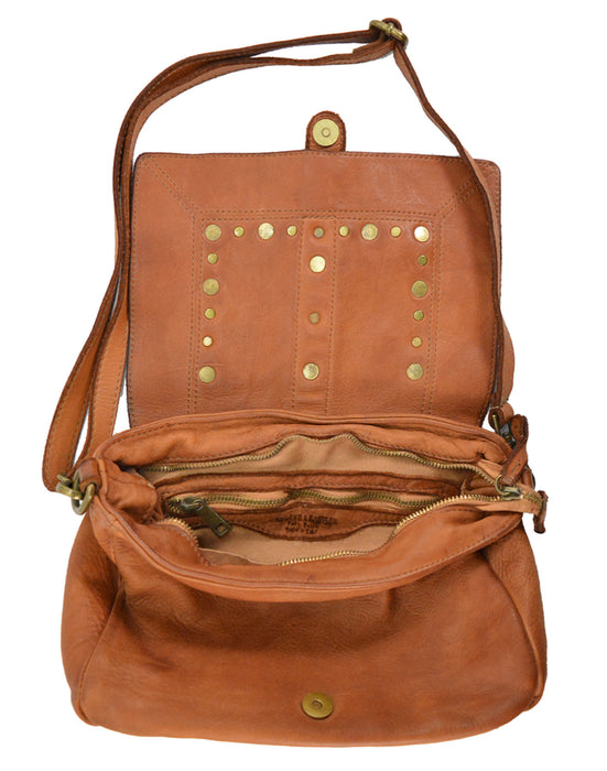 Italian Artisan Womens Handcrafted Vintage Studded Shoulder Handbag In Genuine Washed Calfskin Leather Made In Italy