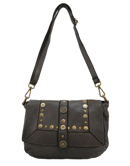 Italian Artisan Womens Handcrafted Vintage Handbags in Genuine  Washed Calfskin Leather Made In Italy- adjustable studded shoulder bag Black-Oasisincentives