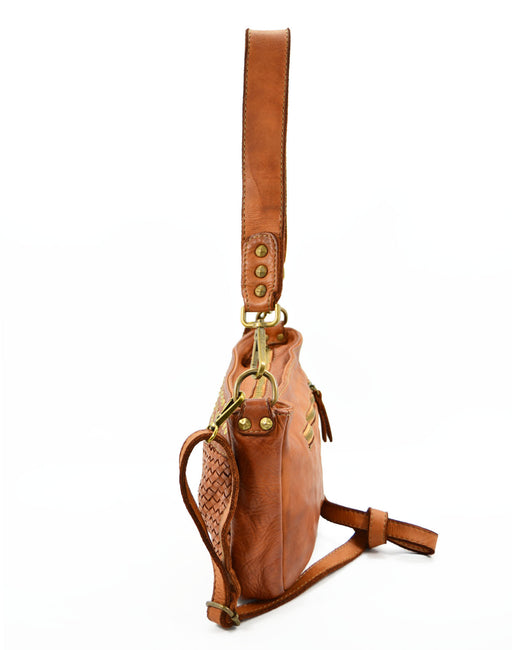 Italian Artisan Handcrafted Vintage Washed Calfskin Leather Triple Studded Shoulder Bag Made In Italy-Cognac-Oasisincentives.us