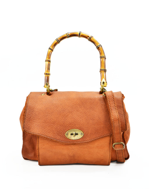 Italian Artisan Womens Handcrafted Vintage Handbags in Genuine  Washed Calfskin Leather Made In Italy- Bamboo handle bag Cognac-Oasisincentives