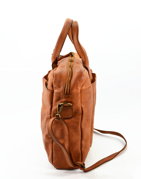 Italian Artisan Handcrafted Vintage Washed Calfskin Leather Travel Briefcase Made In Italy-Cognac-Oasisincentives.us