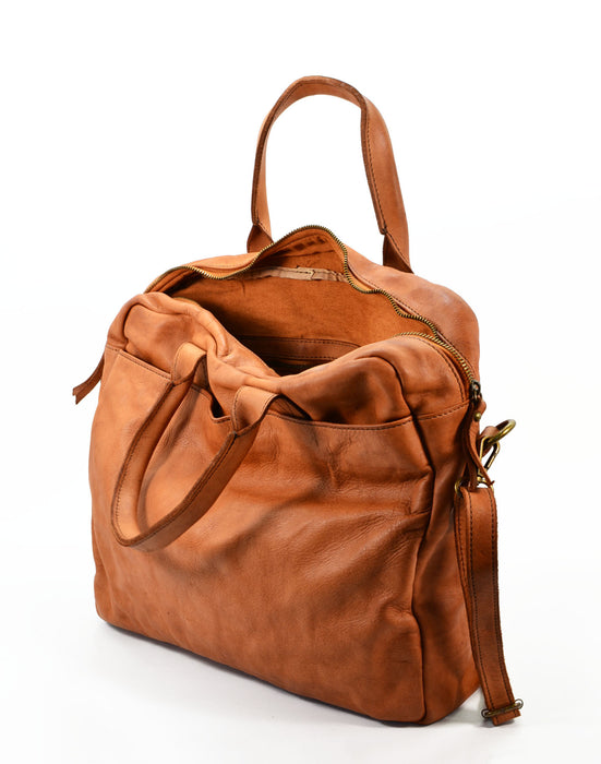 Italian Artisan Handcrafted Vintage Washed Calfskin Leather Travel Briefcase Made In Italy-Cognac-Oasisincentives.us