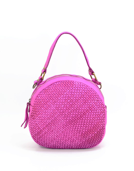 Italian Artisan Womens Handcrafted Vintage Handbags in Genuine  Washed Calfskin Leather Made In Italy- round hand bag Fuchsia-Oasisincentives