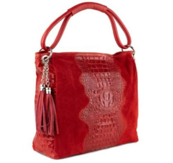 Italian Artisan Womens Handcrafted Shoulder Handbag In Genuine Crocodile Print Leather and Suede Made In Italy