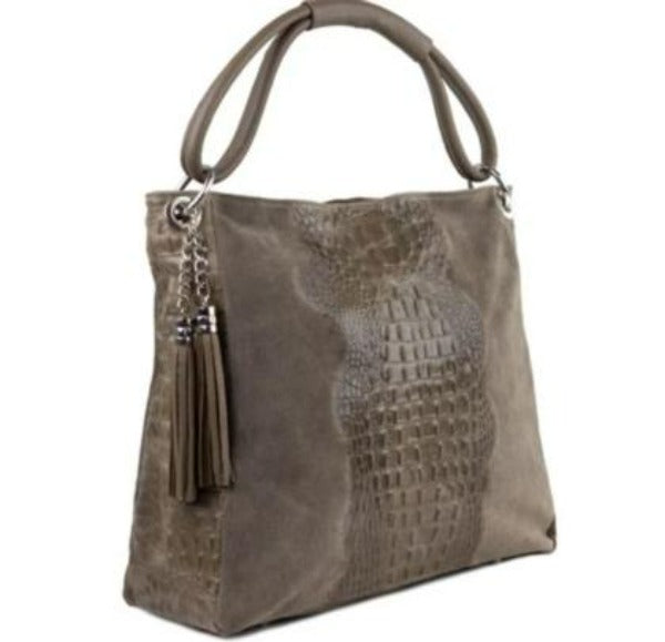 Italian Artisan Womens Handcrafted Shoulder Handbag In Genuine Crocodile Print Leather and Suede Made In Italy