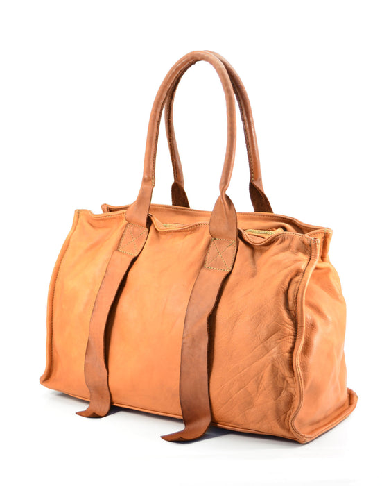 Italian Artisan Womens Handcrafted Vintage Washed Shopper Handbag In Soft Calfskin Leather Made In Italy