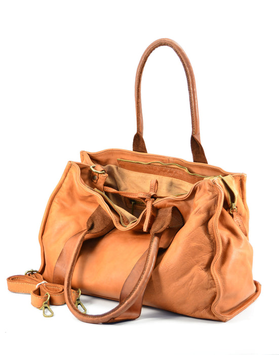 Italian Artisan Womens Handcrafted Vintage Washed Shopper Handbag In Soft Calfskin Leather Made In Italy