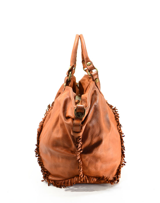 Italian Artisan Womens Handcrafted Vintage Washed Calfskin Leather Weave and Fringe Handbag Made In Italy