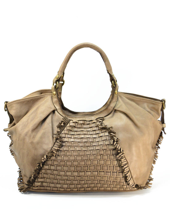Italian Artisan Womens Handcrafted Vintage Handbags in Genuine  Washed Calfskin Leather Made In Italy- handbag with weave and fringe Taupe-Oasisincentives