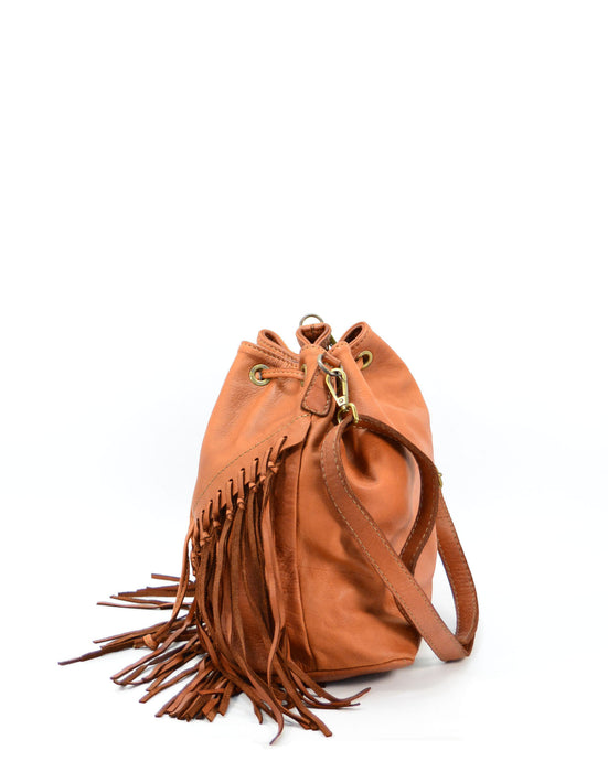 Italian Artisan Womens Handcrafted Vintage Washed Fringe Bucket Handbags in Genuine  Washed Calfskin Leather Made In Italy