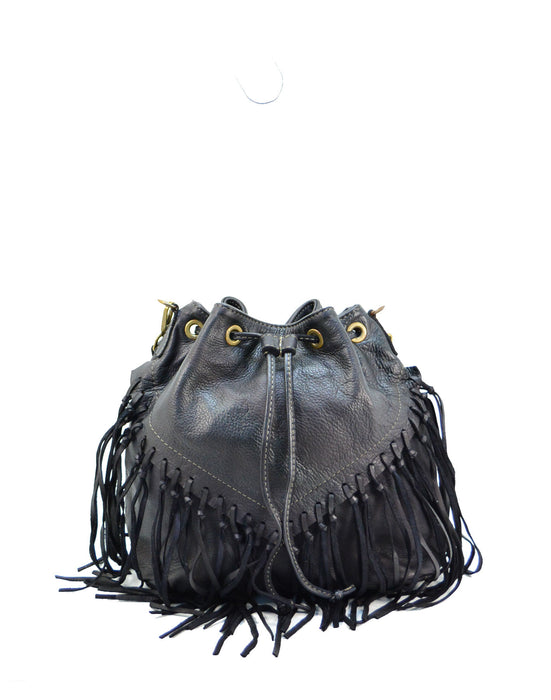 Italian Artisan Womens Handcrafted Vintage Handbags in Genuine  Washed Calfskin Leather Made In Italy- Fringe bucket V. Black-Oasisincentives