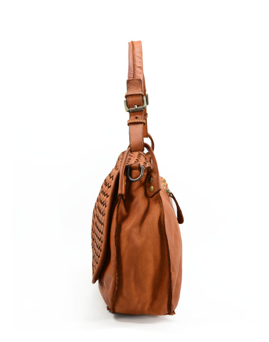 Italian Artisan Handcrafted Vintage Washed Calfskin Leather Shoulder Handbag Made In Italy-Cognac Oasisincentives.us