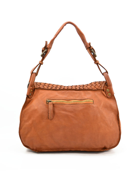 Italian Artisan Handcrafted Vintage Washed Calfskin Leather Shoulder Handbag Made In Italy-Cognac Oasisincentives.us