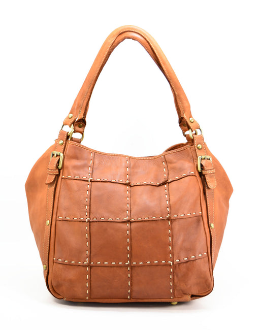 Italian Artisan Handcrafted Vintage Washed Calfskin Leather Double Handle Shoulder Handbag with Hand-Stitched Pattern Made In Italy-Cognac-Oasisincentives.us
