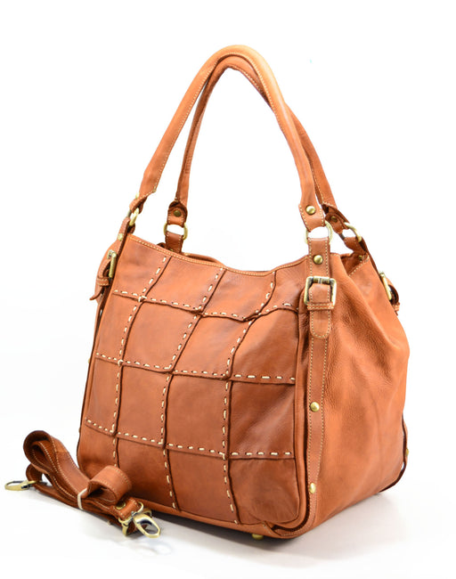Italian Artisan Handcrafted Vintage Washed Calfskin Leather Double Handle Shoulder Handbag with Hand-Stitched Pattern Made In Italy-Cognac-Oasisincentives.us