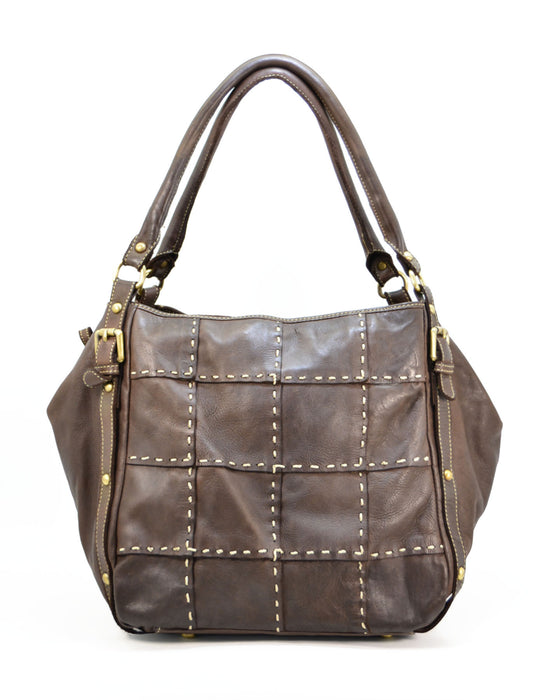 Italian Artisan Handcrafted Vintage Washed Calfskin Leather Double Handle Shoulder Handbag with Hand-Stitched Pattern Made In Italy-Brown-Oasisincentives.us