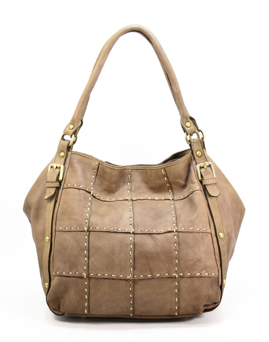 Italian Artisan Handcrafted Vintage Washed Calfskin Leather Double Handle Shoulder Handbag with Hand-Stitched Pattern Made In Italy-Taupe-Oasisincentives.us