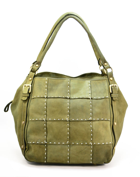 Italian Artisan Handcrafted Vintage Washed Calfskin Leather Double Handle Shoulder Handbag with Hand-Stitched Pattern Made In Italy-Green-Oasisincentives.us