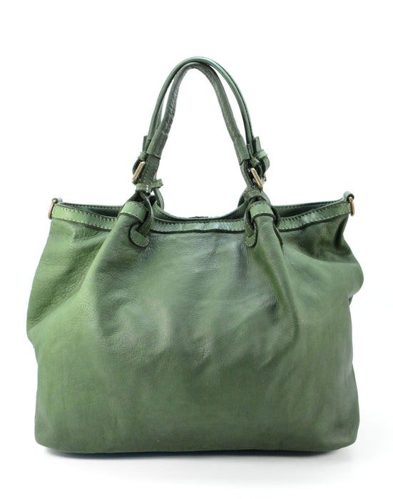 Handcrafted Italian Leather Tote Shopper Handbag - Vintage Washed Calfskin Made In Italy Military Green-Oasisincentives.us
