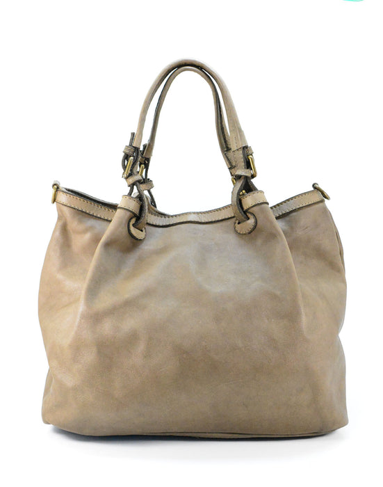 Handcrafted Italian Leather Tote Shopper Handbag - Vintage Washed Calfskin Made In Italy Taupe-Oasisincentives.us