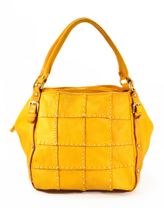 Italian Artisan Handcrafted Vintage Washed Calfskin Leather Double Handle Shoulder Handbag with Hand-Stitched Pattern Made In Italy-Mustard Yellow-Oasisincentives.us