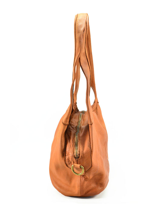 Italian Artisan Handcrafted Vintage Washed Calfskin Leather Tank Top Handbag with Long Double Handle | Made In Italy