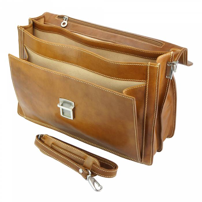 Italian Artisan Beniamino Unisex Luxury Leather Business Briefcase with Shoulder Strap and Front pocket Made In Italy