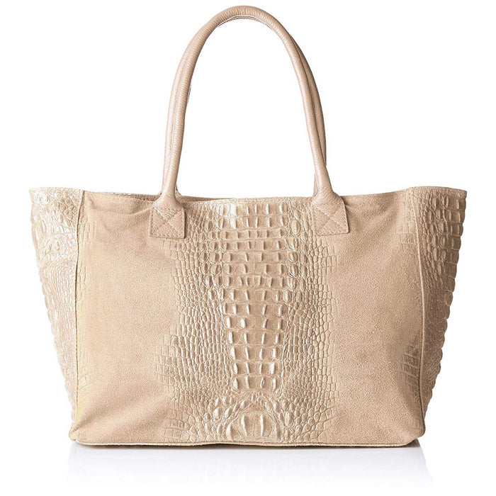 Italian Artisan Womens Handcrafted Tote Handbag in Genuine Crocodile Printed Suede Leather Made In Italy