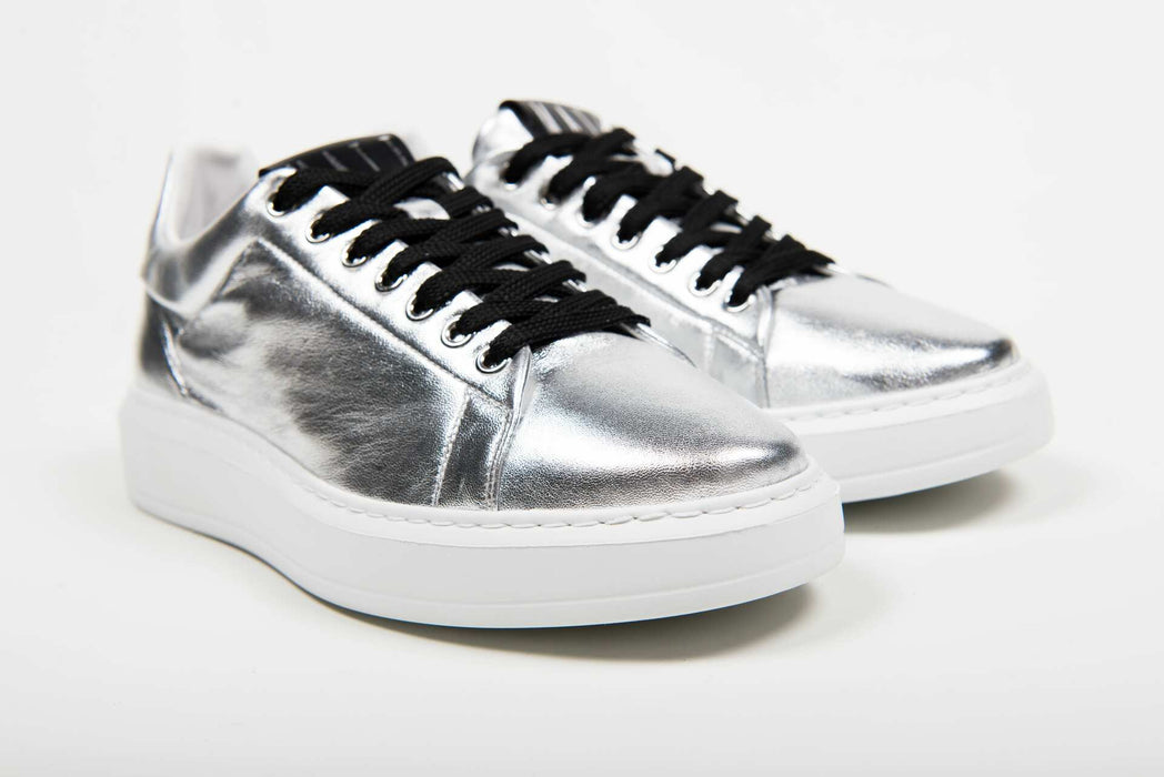 Italian Artisan Womens Luxury Handmade Leather Sneaker Made In Italy Silver Laminated-Oasisincentives.us