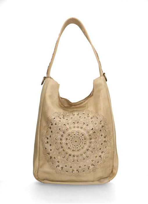 Italian Artisan Womens Handcrafted Shoulder Handbag With Studs In Genuine Vintage Effect Washed Leather  Made In Italy