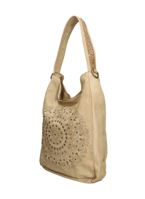 Italian Artisan Womens Handcrafted Shoulder Handbag With Studs In Genuine Vintage Effect Washed Leather  Made In Italy